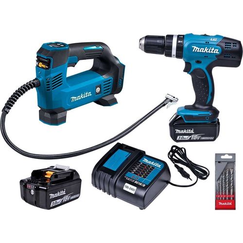 Kit Paraf./Furad. De Impacto + Mini Compressor + 2 Baterias E Carregador - Makita - KITDHP453+DMP18
