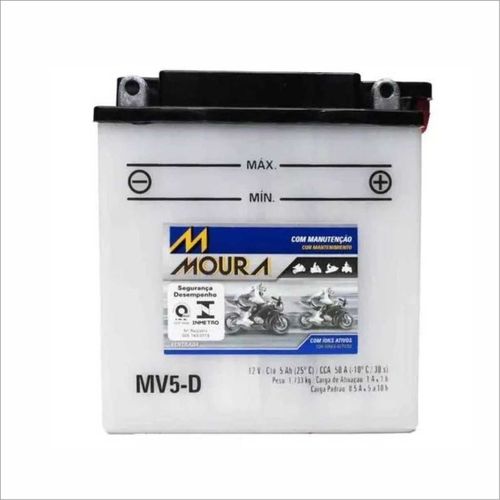 Bateria Ventilada Moto Moura 12V 5Ah MV5-D T305 SERIES TS400 APACHE TRAXX MOBY 50 SKY STAR CRYPTON